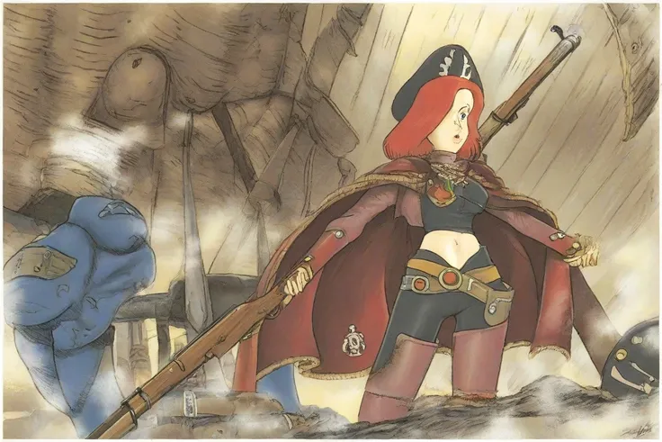 (studio ghibli) Jessica Rabbit (air ship pirate, sexy pirate outfit Valley of the wind motif, patch over one eye, steam powered rifle, confident, sultry), airship has Valley of the wind aesthetics, she is questioning her captive Nausicaa