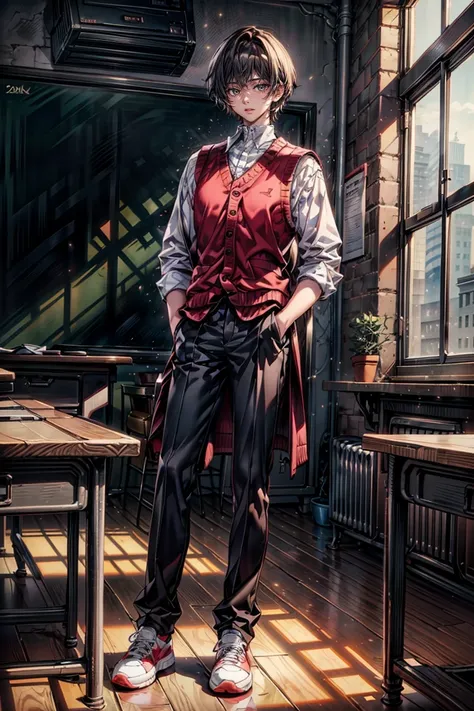 Wide full-body view, a man standing with his hands on a desk, 8K resolution, high detail, around 20 years old, (one male:1.5), black hair, long bangs:1.5, parallel eyebrows, sanpaku eyes, droopy eyes, dark red eyes, student-like attire, white shirt, dark r...