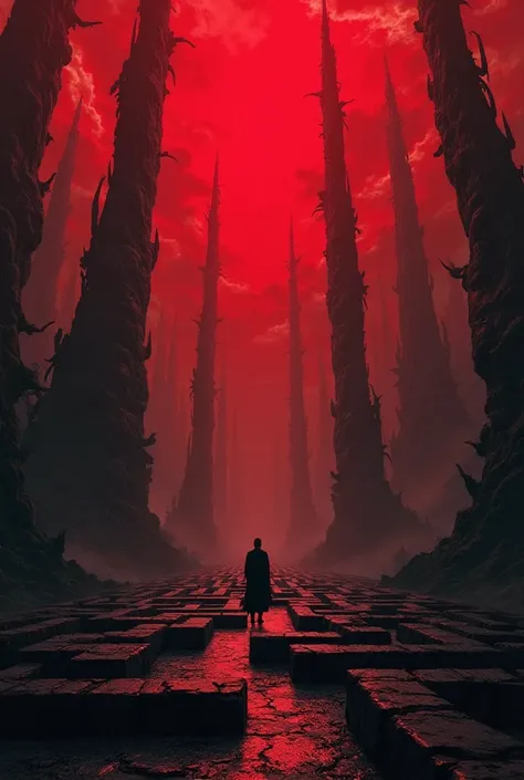 Open on a vast, obsidian labyrinth under a blood-red sky.  Strange, skeletal structures jut from the ground.  A lone figure, silhouetted against the red sky, cautiously enters.  