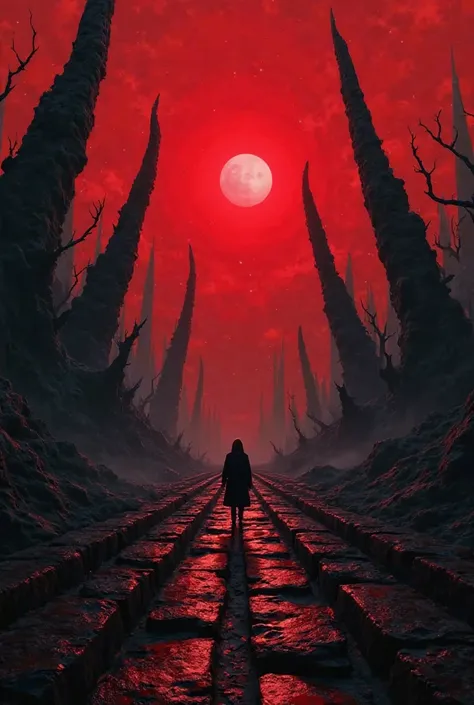 Open on a vast, obsidian labyrinth under a blood-red sky.  Strange, skeletal structures jut from the ground.  A lone figure, silhouetted against the red sky, cautiously enters.  