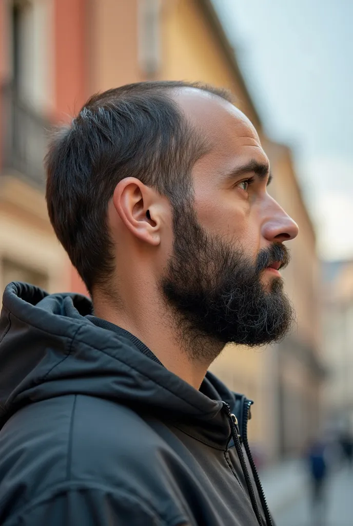 Profile of a man. A 184-pound brunette with a dirty beard and bald hair is going to be an 85-pound brunette. Dress in stylish clothes, Let it look well-groomed and clean. Let the style of clothing that this person wears be a sport-prone type of clothing wi...