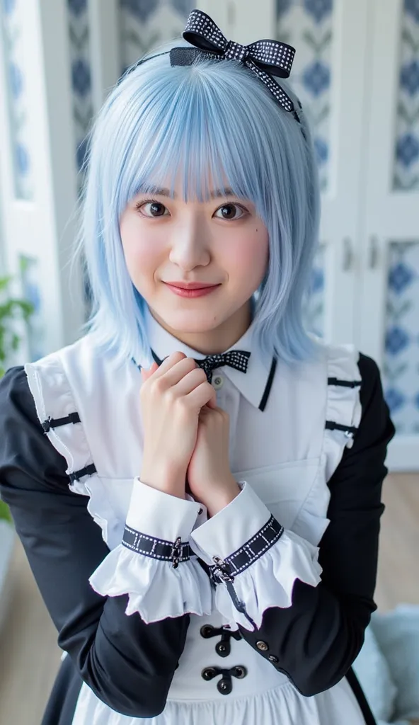  short hair,  Pastel blue hair、白い花と耳のようなアクセントが特徴の黒いヘッドバンドinスタイリングされています.  She has black and white maid clothes that highlight her playful and cute aesthetic , レースとリボンin飾られた,  in、メイクアップin強調された印象的な青い目をしています .  The background is softly blurred , focuses on he...