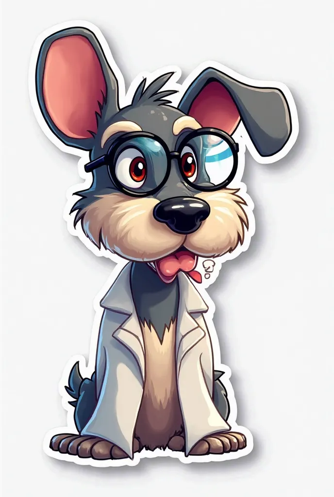  Make me a sticker that doesn't have much background of an animated Schnauzer with glasses and a lab coat.