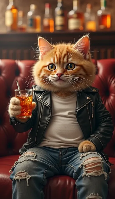 A chubby, realistic brown kitten dressed as a delinquent, sitting on a luxurious bar sofa. The kitten wears a black leather jacket, a ripped white T-shirt, and slightly distressed jeans. One paw holds a cigarette casually, while the other grasps a glass tu...