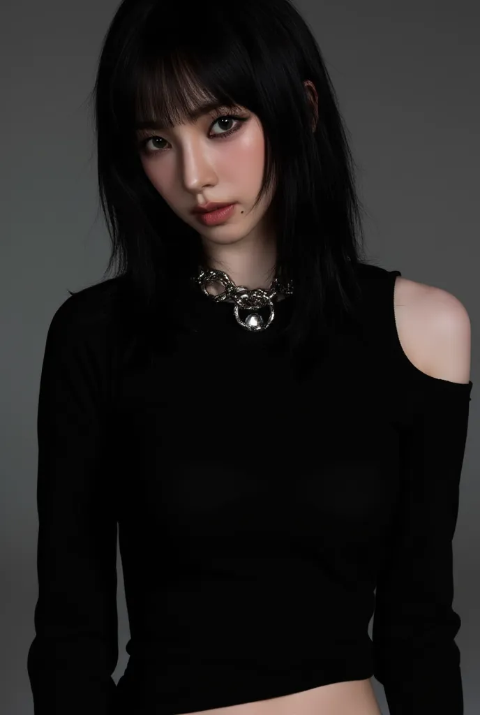 Long straight black hair with a fringe covering one of your eyes, without collar, no bracelet, without ring , Without earrings, without necklace, tattoos, rocker girl. Wearing a short black blouse tight around the body with long sleeves, on the shoulder th...