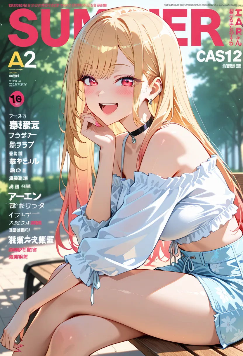 Marin Kitagawa, long hair, blonde hair, light pink ombre hair, red eyes, big eyes, laughing, looking at viewer, stylish summer look, off-shoulder white crop top with high-waisted pastel blue shorts, sitting cross-legged on a wooden bench, resting one hand ...