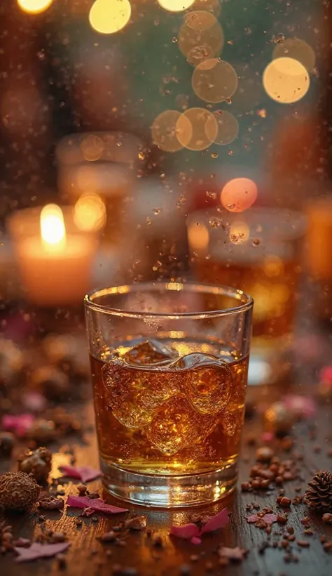  Photo of a small glass, At a party table, The glass has whiskey, And the filter is a party