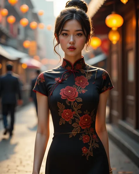 1920's,raw photo, stunningly beautiful 19 yr old asian girl supermodel, alternate dark color qipao dress, upper body portrait, hair pinned up in bun, production cinematic character render, ultra high quality model, clean detailed faces, intricate clothing,...