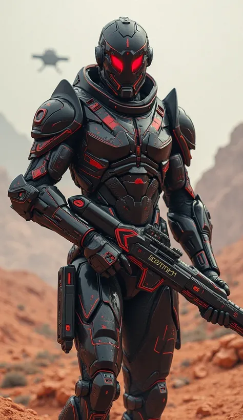 A Chilean futuristic warrior,  penetrating eyes, black metal armor with red details, holding a plasma rifle. Bottom: Atacama desert with ships on the horizon