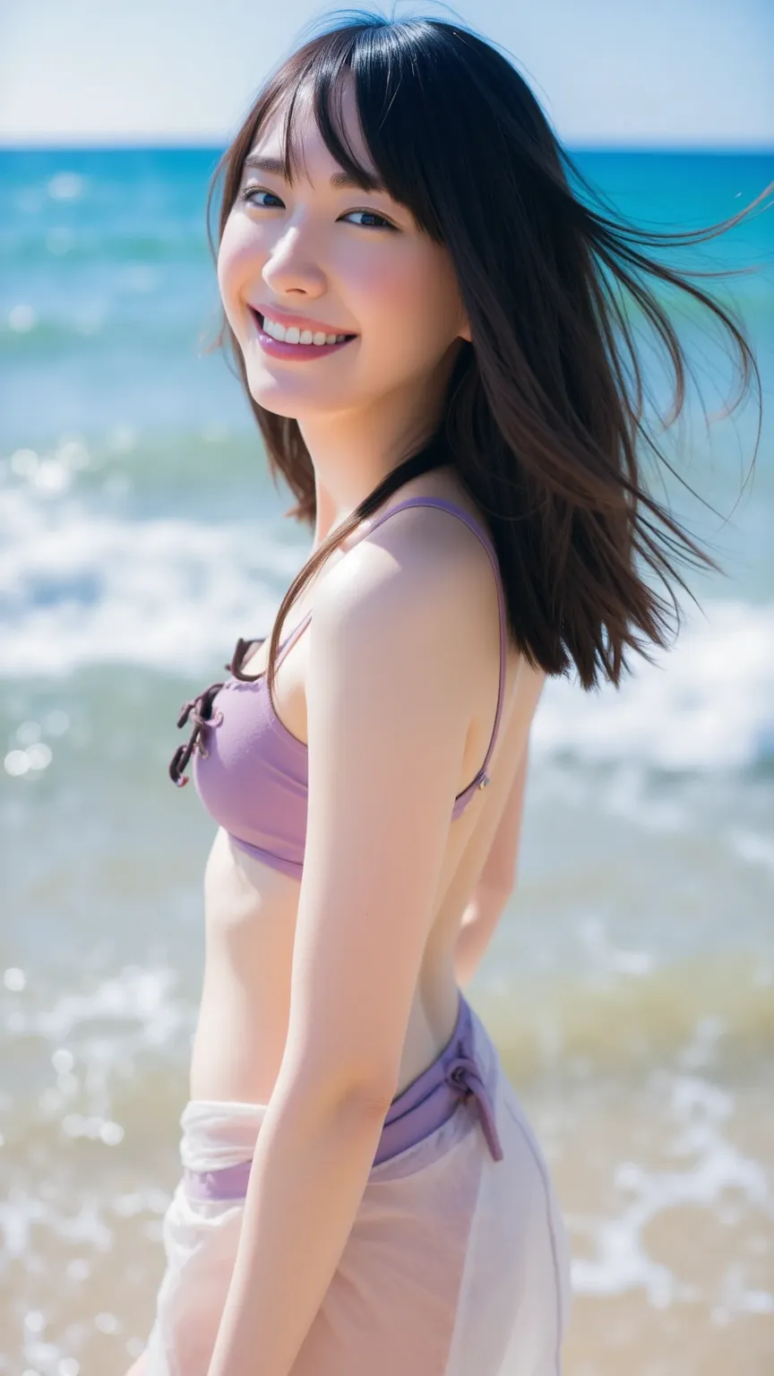 Hair Fluttering Big in the Wind 、One beautiful and cute woman、 standing at the edge of the waves 、Jet Black Hair、very long hair、bangs、micro bikini、chestの谷間、Upper breast、chestの間、chest、 real 、 4K resolution、advanced details、realistic、HDR、UHD、Studio Lighting、...