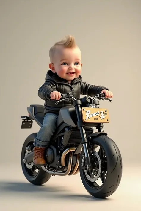 A baby riding a sports bike and a sign on the side that says Ramses Jr.