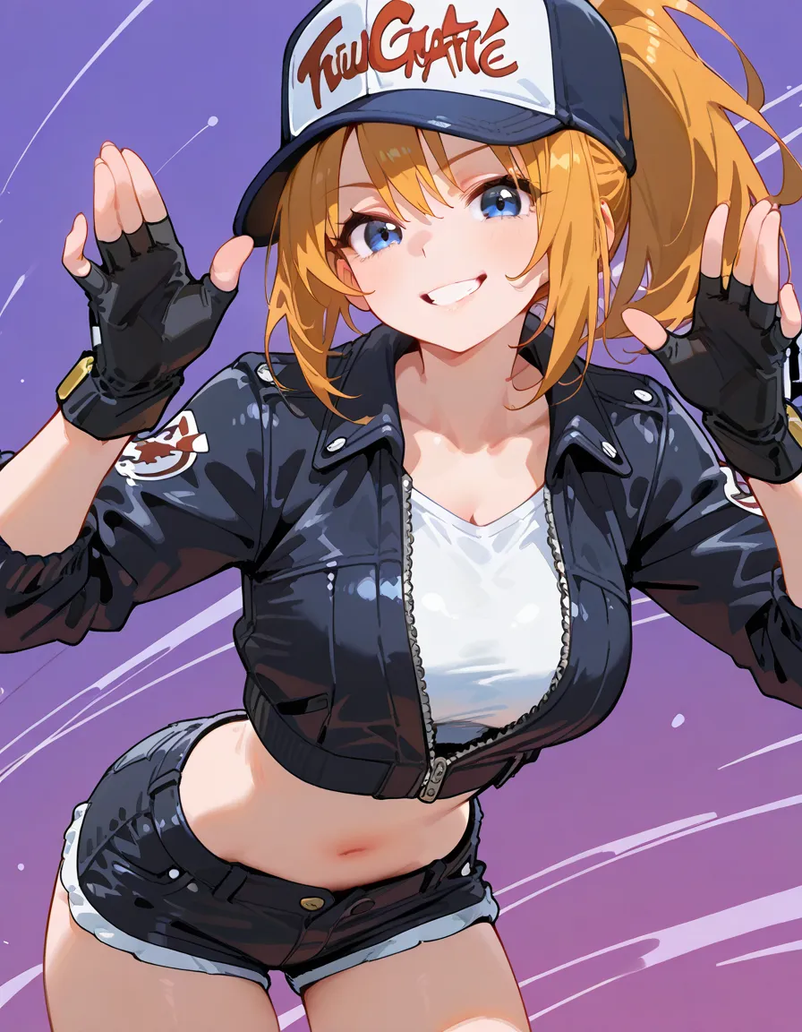 (dynamic angle,dynamic active cute model pose:1.3),leaning forward:1.3,1girl,sexy grin,(looking at viewer),adult woman,upperbody, FCTerry, blue eyes, baseball cap, ponytail, cropped jacket, white undershirt, partially unzipped, midriff, fingerless gloves, ...