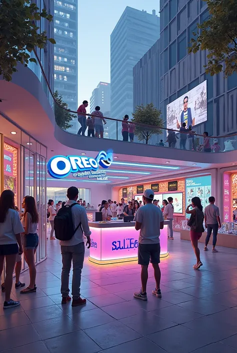 "Generate an image for a plaza strategy for Oreo in the city of Quito, focused on millennials. The image must include a modern store with interactive exhibits, digital screens showing the #OreoBeatChallenge, young people enjoying tastings and participating...