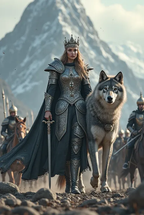 Queen with crown on her head and sword in hand, gray wolf in armor, followed by soldiers and horses on a mountain