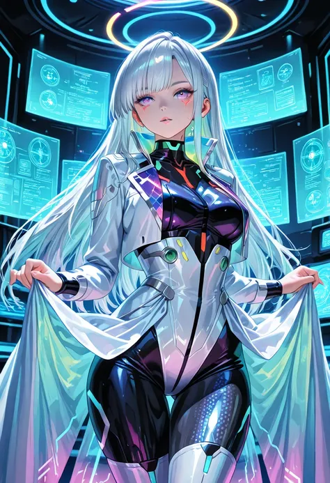 Stunning Holographic AI Assistant, Shining in future blue and silver tones, Elegant and sophisticated, wearing fashion, body wear with a sparkling digital pattern.  Her hair is soft flowing , with subtle holographic luster. is a futuristic control room fil...