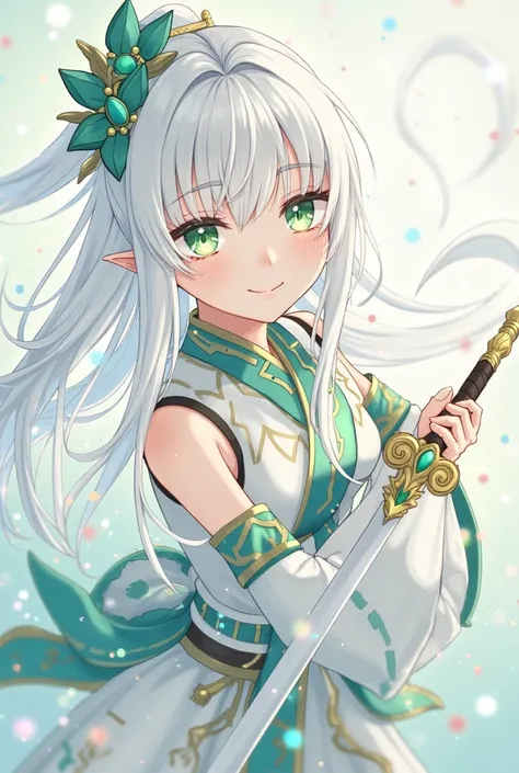 Green-eyed anime girl with white hair holding a sword, keqing from  Genshin impact, White-haired gods,  zerochan art , Anime Goddess, Pastel anime illustration,  Genshin,  Pixiv Contest Winner ,  detailed fan art , Micudayo,  On pixiv , , pixiv, zhongli fr...