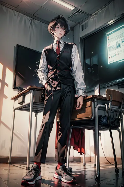 Wide full-body view, a man standing with his hands on a desk, 8K resolution, high detail, around 20 years old, (one male:1.5), black hair, long bangs:1.5, parallel eyebrows, sanpaku eyes, droopy eyes, dark red eyes, student-like attire, white shirt, dark r...