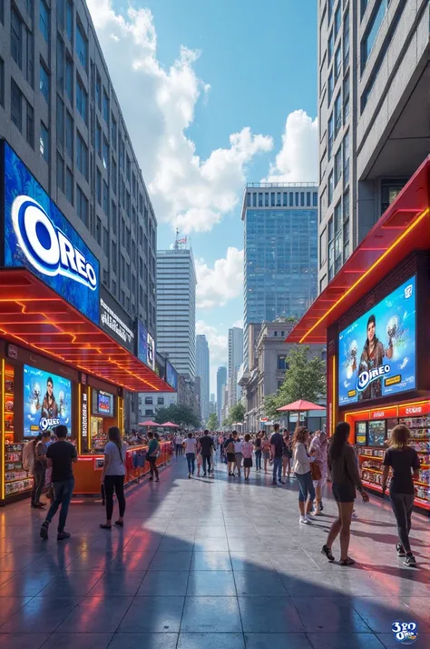 "Generate an image for a plaza strategy for Oreo in the city of Quito, focused on millennials. The image must include a modern store with interactive exhibits, digital screens showing the #OreoBeatChallenge, young people enjoying tastings and participating...