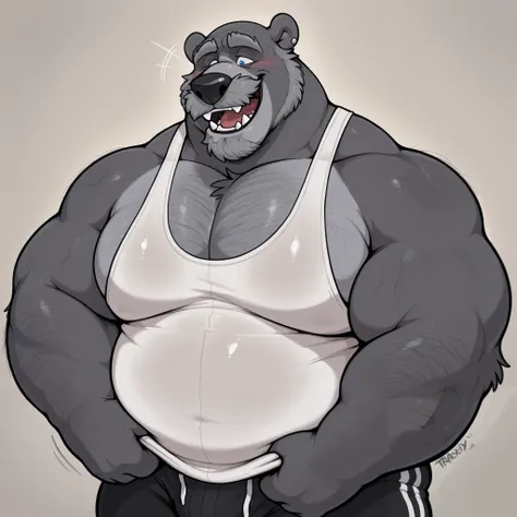 masterpiece, best quality, amazing quality, anthro bear, grey fur, bald, blue eyes, 1boy, solo, chubby, musclegut, muscular, huge arms, dilf, gentle, blushing, kind, dad body, daddy, grey fur, bushy grey mustache, thick arms, laughing, tall, fangs, large s...