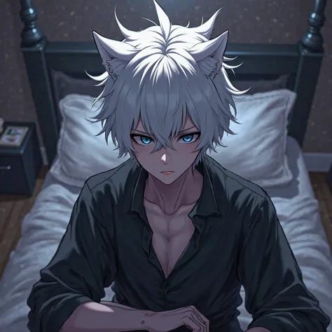 Create an anime character with black eyes, white hair, wolf ears, a male in the bedroom, a cold face color, with a black side arm.