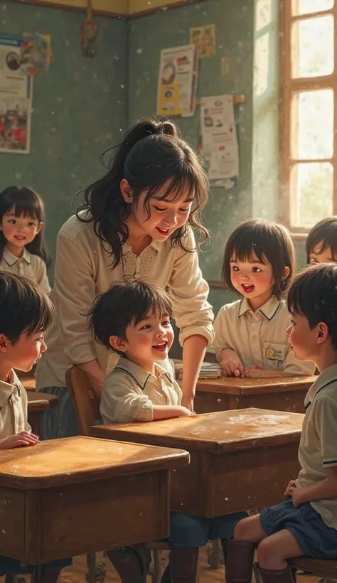 Inside the classroom, many students are sitting on chairs. A woman is stroking a boy's hair with a comb. Everyone is looking at them and laughing.