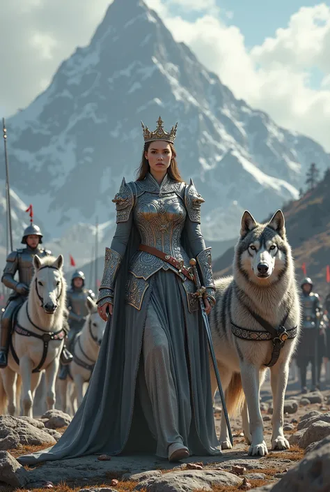 Queen with crown on her head and sword in hand, gray wolf in armor, followed by soldiers and horses on a mountain