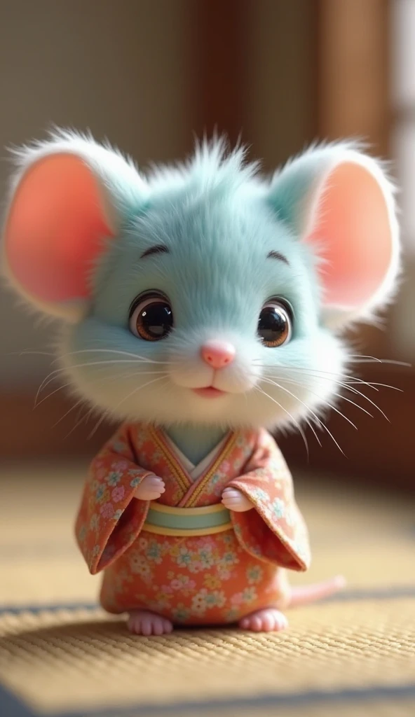  Fantastic　 realistic footage　 Japanese House　Tatami room　A cute, fluffy, light blue mouse with round eyes wearing a kimono