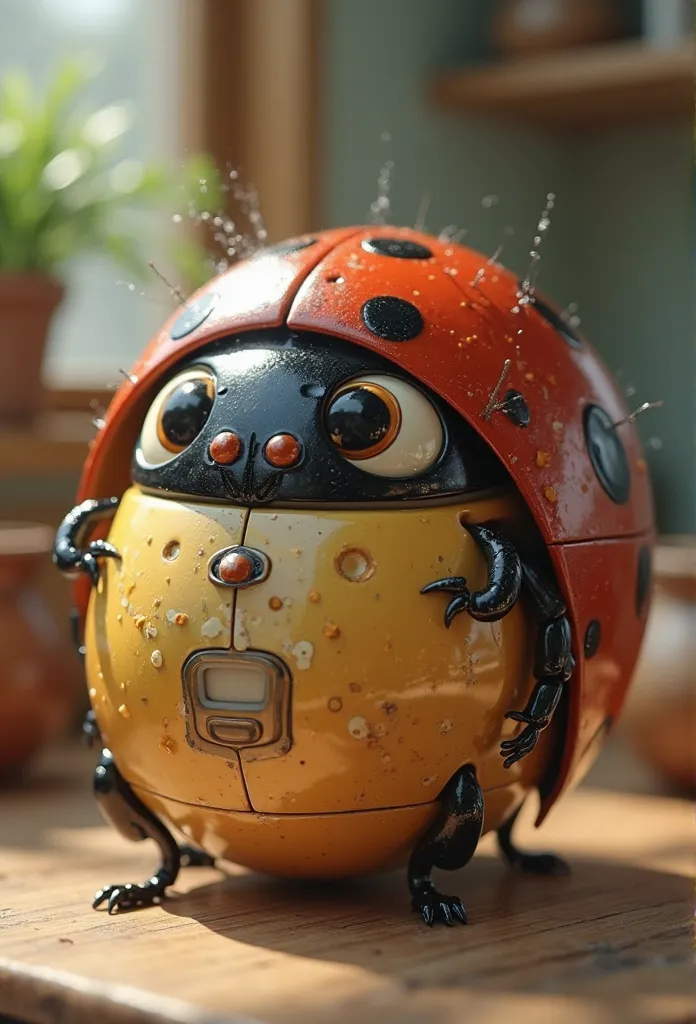 A hyper-realistic, ultra-high-definition 4K render of a bizarre yet charming creature fused with a modern rice cooker and a ladybug. The creature’s main body is a slightly worn rice cooker with faint scratches, tiny dents, and a glossy plastic shell reflec...