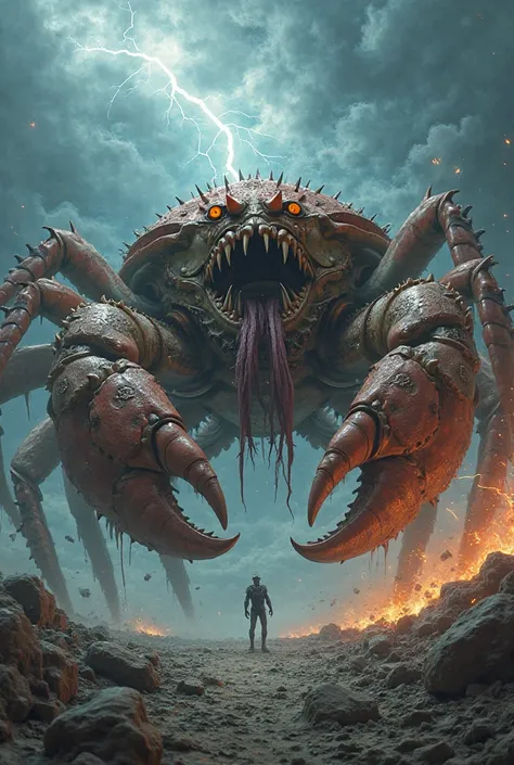 **Colossal Crab-Octopus Creature Advancing**

A colossal, hybrid sea monster that is a terrifying fusion of a giant crab and a giant octopus. The creature has a massive, armored exoskeleton covered in sharp spines and plates, with the distinct shape and fo...