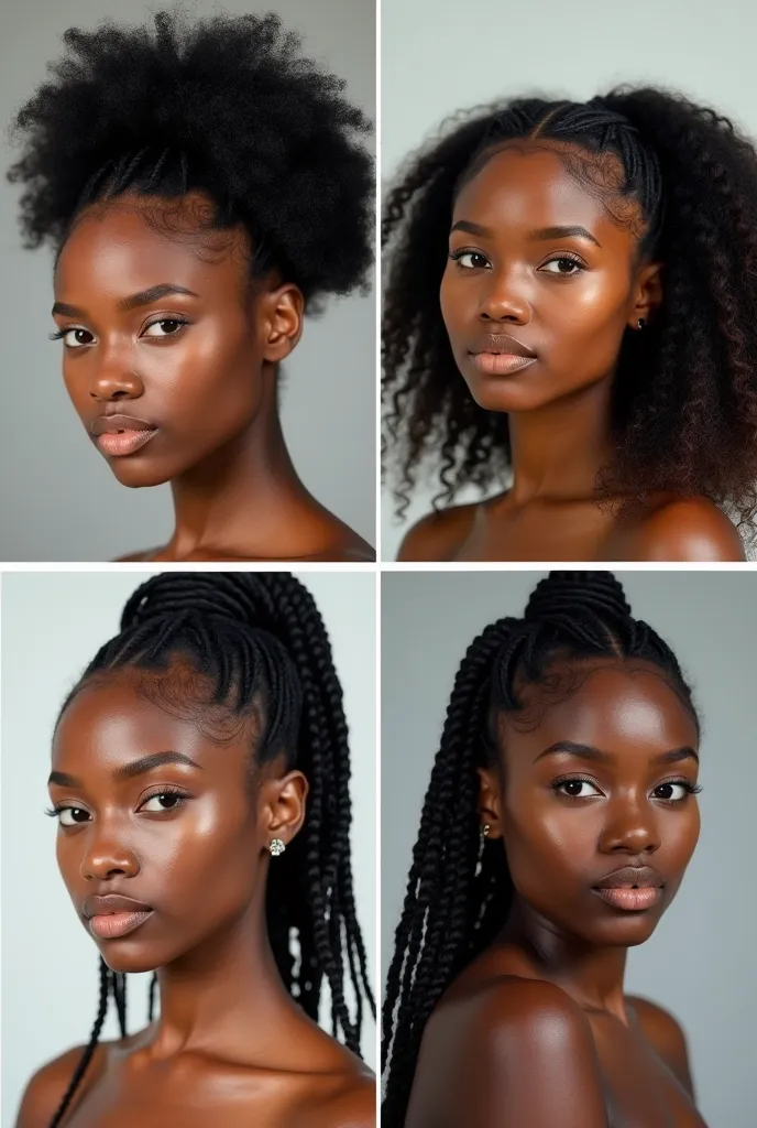 This image of woman is a collage of four photos arranged in a 2x2 grid. 1. The top left, Afro. 2. The top right, Cornrows. 3. The bottom left, Dreadlocks. 4. The bottom right, Braids