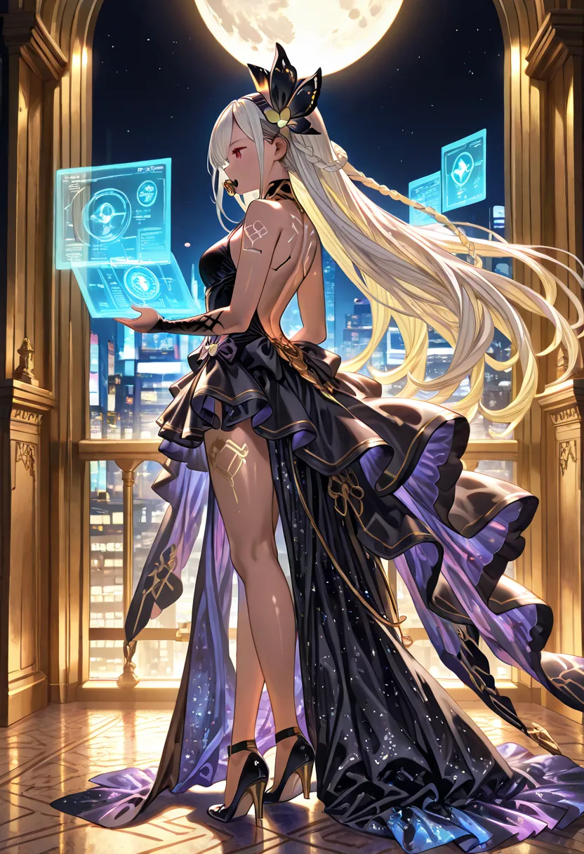 （  stands，full body，:1.4)，,  shiny skin, night, moon, black dress, backless dress, golden ornaments, arm tattoo, hair ornament, profile picture, from side, Granblue_ fantasy, Helel_Ben_Shalem, dark skin, Blonde, long hair, braid, red eyes, pacifier, Stunni...