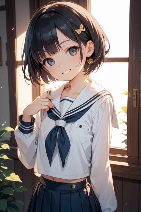  {{{best quality}}} ,petite,loli,1girl,black-hair,short-hair, sailor uniform,smile