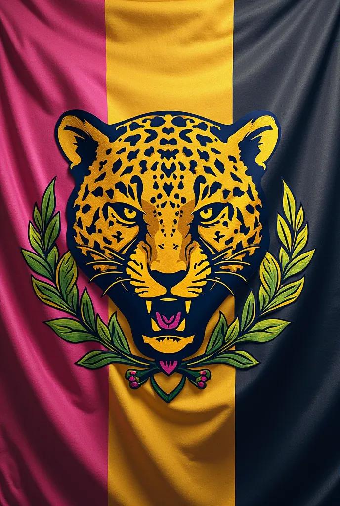 Flag with pink, yellow and black colors and a jaguar shield