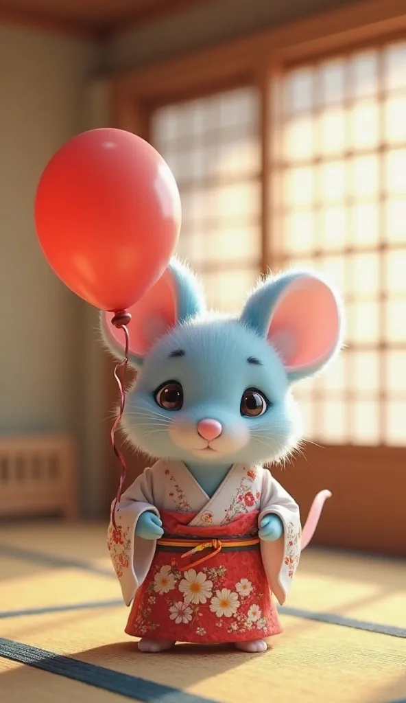  Fantastic　 realistic footage　Japanese House　Tatami room　A cute, fluffy, light blue mouse with a kimono　Paper Balloon