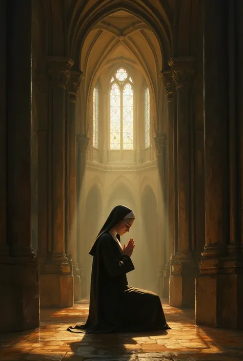 Naked nun praying gotik church sunlight out the window shadows 