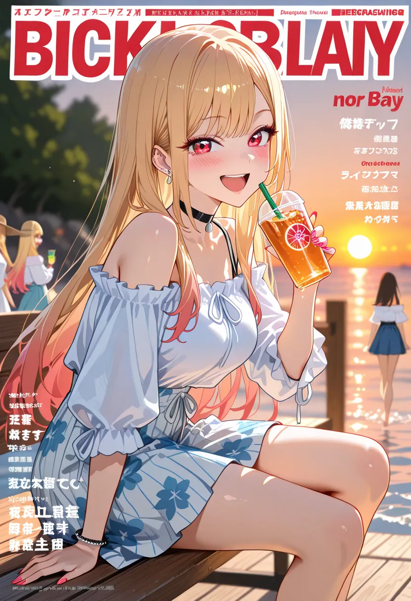 Marin Kitagawa, long hair, blonde hair, light pink ombre hair, red eyes, big eyes, laughing, looking at viewer, stylish summer look, white off-shoulder blouse tucked into a high-waisted pastel floral skirt, sitting on a wooden bench with one leg casually c...