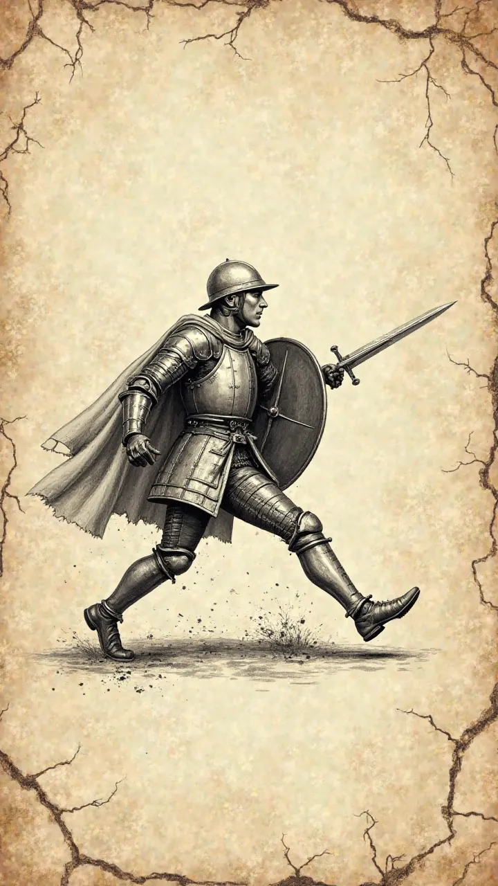 An ancient-style illustration on a cracked, aged parchment background, depicting a medieval soldier in full armor running away in fear. He holds a sword in one hand and a shield in the other, but his posture and expression suggest desperation or panic. His...