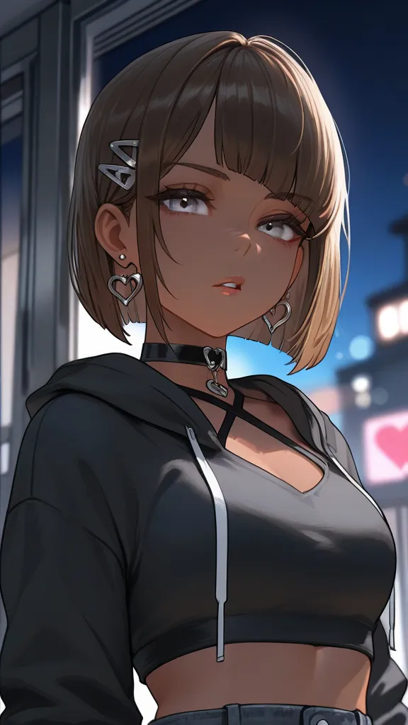 1Girl, Mature, Ebony, African American, Dark Skin, Jet Black Short With Brown Highlights, Bob-Cut, Silver Grey Eyes, Medium Chest, Black Halter Crop-Top, Black Cropped High-Cut Hoodie, Black Ripped Jeans, Jewelry, Heart Earrings, Black Hair Clips, Black Ch...