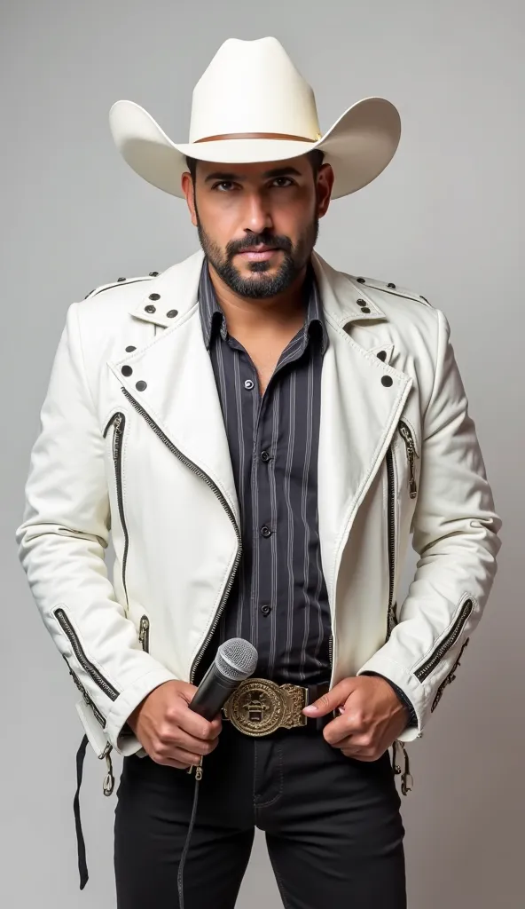 A confident male singer with a well-groomed beard, wearing a stylish white cowboy hat and a sleek white leather jacket. He holds a black microphone in his right hand, looking directly at the camera with an intense and charismatic expression. His outfit inc...