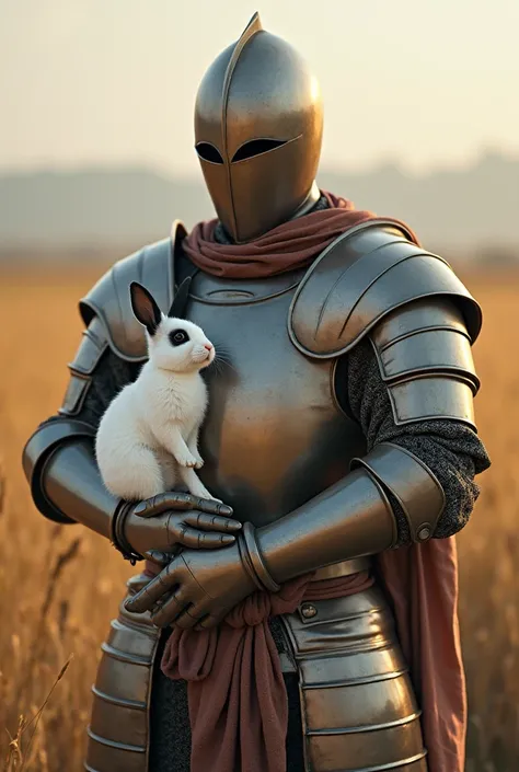 Imagine a medieval knight with his face covered, dressed in shining armor that reflects sunlight. At your side, a cute white rabbit with ears stained with black. The gentleman holds him delicately, showing a kind and protective side. As the field extends a...