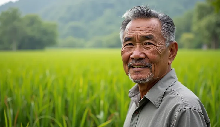 55 year old Indonesian man with a clean face, neat hair and polite clothes, rice fields in the background.