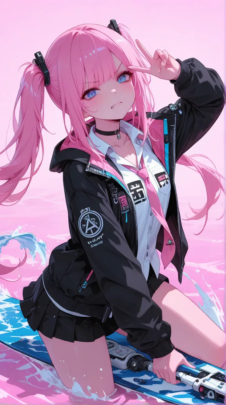 surfing, surfer,  water element, peace sign,high angl), long hair, pink , twin tails, blue eyes, cute, angry face, kind, unbalanced white cutter shirt, pink tie , black choker, wear a black jacket,Black checked mini skirt, the background is dark Pink Light...