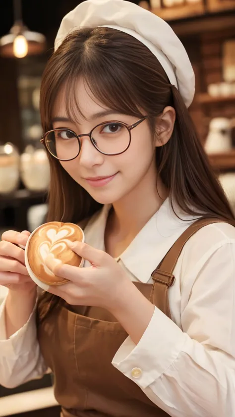 ((Highest quality, masterpiece, Ultra A high resolution、 the most complicated and detailed description )、(1 woman,Female cafe clerk)、In a cafe with a tranquil atmosphere、 pregnancy、Cafe staff uniform、length-sleeve、(((Heart latte art、Perfect heart latte art...