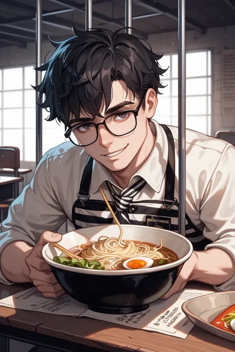 handcuffs　criminal　adult male　A prisoner man faces his desk and eats ramen with a smile　Dark and dirty prison 　 black hair　 bangs are down　Black-rimmed glasses　criminal