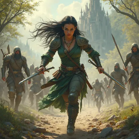 Black-haired Tauriel on a battlefield in an elf kingdom with an elven sword in his hand running toward the enemy. 