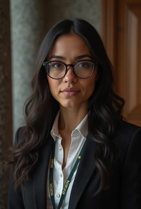 A legal representative of Belizer Brasileira long hair with prescription glasses and a neck badge 