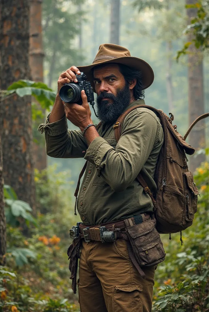 Young man with black beard wearing hat bird photographer with camera 