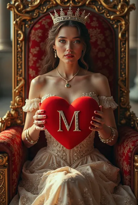 A seated queen holds a red heart with an M written inside