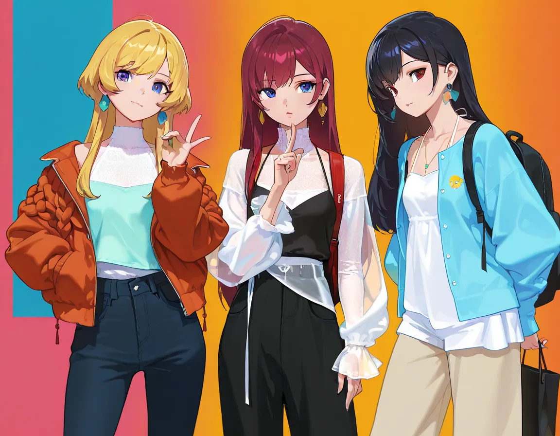 3 girls, anime characters, outfit designs, diverse outfits, (upper body character design), outfit design, fashion concept art, knit, shirt, shorts, skirt, blouse, halter neck, see-through, jacket, camisole, long pants, holding bag, different haircolor, bac...