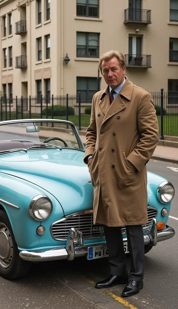 promotional posters for the American television drama、Detective Colombo、Stand next to the 1959 Peugeot 403 pale blue convertible、classic car、  unkempt hair、 Spin 、dragonfly brown trench coat 